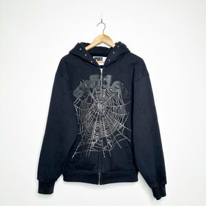 Sp5der OG Web Studded Zip Up Hoodie Black - Size Medium